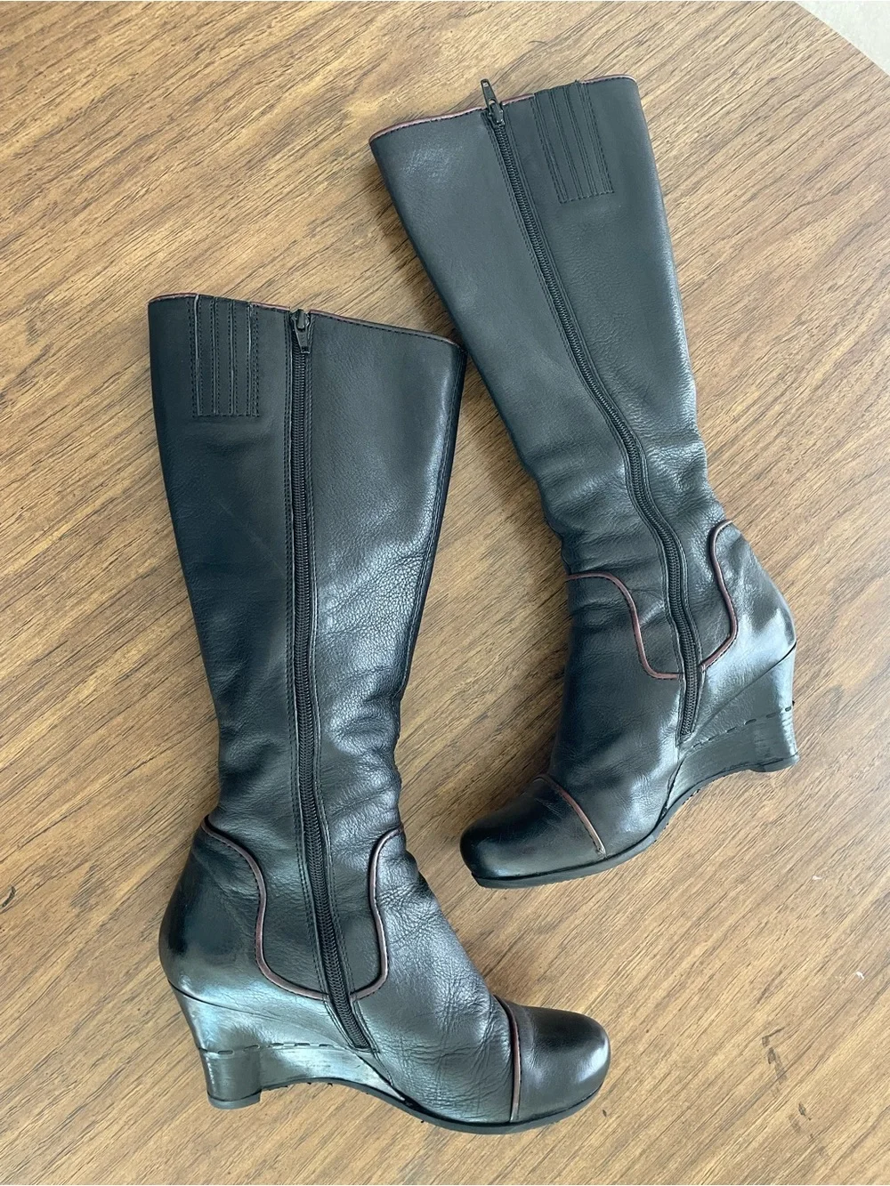 Biviel Black Leather with Magenta piping Knee-High Women’s Boots